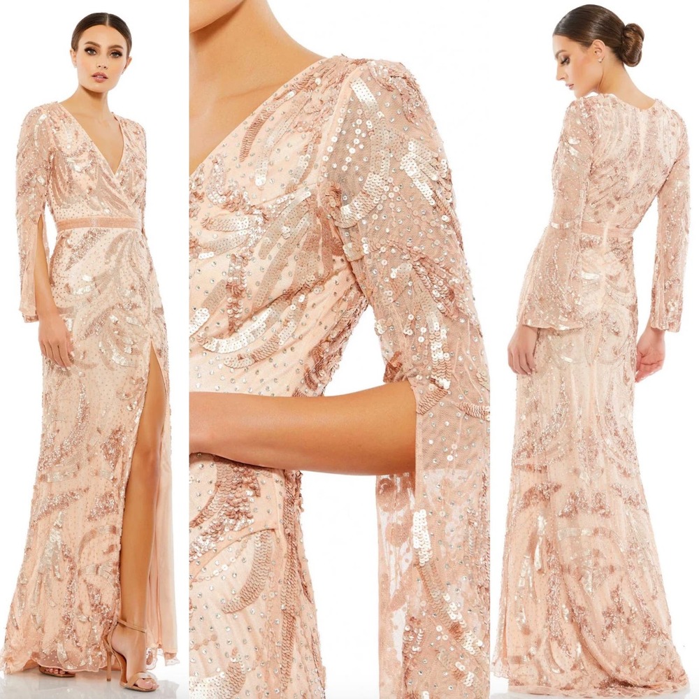 Mac Duggal Sequined Faux Wrap Split Long Sleeve Gown Rose Gold 5222 Size 12